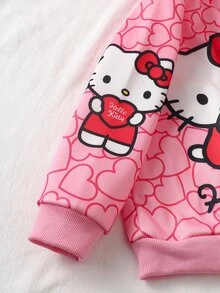 HELLO KITTY AND FRIENDS | SHEIN طقم من قطعتين للبنات الصغيرات: سويت شيرت بغطاء رأس وأكمام طويلة بنقشة قلب كرتونية وبنطال طويل بخصر مطاطي - متعدد الألوان - مشاهدة 7