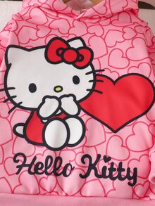 HELLO KITTY AND FRIENDS | SHEIN طقم من قطعتين للبنات الصغيرات: سويت شيرت بغطاء رأس وأكمام طويلة بنقشة قلب كرتونية وبنطال طويل بخصر مطاطي - متعدد الألوان - مشاهدة 8