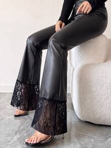 Elenzga Women's Elastic Waist Faux Leather Flare Pants With Lace Trim, Slim Fit Bell Bottom Trousers - Black - View 2