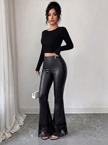 Elenzga Women's Elastic Waist Faux Leather Flare Pants With Lace Trim, Slim Fit Bell Bottom Trousers - Black - View 1