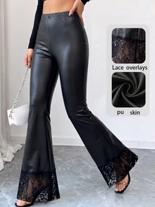 Elenzga Women's Elastic Waist Faux Leather Flare Pants With Lace Trim, Slim Fit Bell Bottom Trousers - Black - View 4