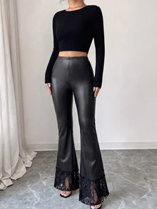 Elenzga Women's Elastic Waist Faux Leather Flare Pants With Lace Trim, Slim Fit Bell Bottom Trousers - Black - View 5