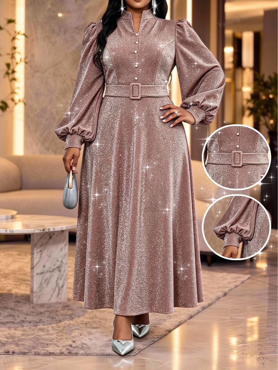SHEIN Lady Plus Size Women's Notched V-Neck Lantern Sleeve Button Design Elegant Celestial Sexy Dress Wedding Party Birthday Rose Gold Winter - Brown - View 1