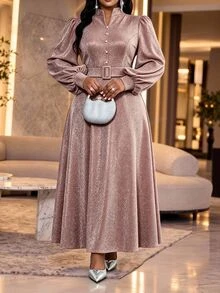 SHEIN Lady Plus Size Women's Notched V-Neck Lantern Sleeve Button Design Elegant Celestial Sexy Dress Wedding Party Birthday Rose Gold Winter - Brown - View 3