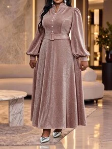 SHEIN Lady Plus Size Women's Notched V-Neck Lantern Sleeve Button Design Elegant Celestial Sexy Dress Wedding Party Birthday Rose Gold Winter - Brown - View 4
