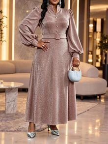 SHEIN Lady Plus Size Women's Notched V-Neck Lantern Sleeve Button Design Elegant Celestial Sexy Dress Wedding Party Birthday Rose Gold Winter - Brown - View 5