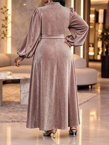 SHEIN Lady Plus Size Women's Notched V-Neck Lantern Sleeve Button Design Elegant Celestial Sexy Dress Wedding Party Birthday Rose Gold Winter - Brown - View 2