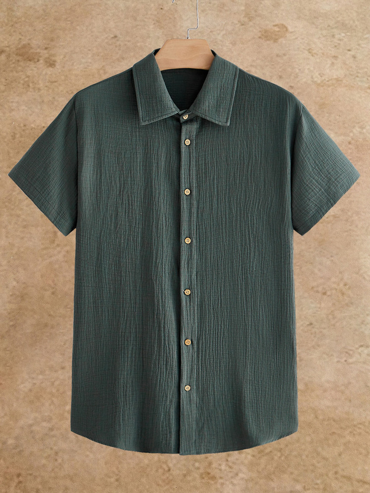 HIMLAND Men's Dark Green Short-Sleeve Shirt, Textured Casual Shirt, Spread-Collar Top, Lightweight Summer Shirt, Relaxed Menswear, Minimalist Menswear. - Dark Green - View 2