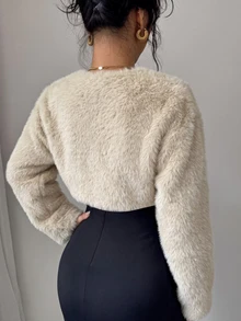 Elenzga Women's Open Front Faux Fur Long Sleeve Short Vest Jacket, Fuzzy Short Outerwear - Beige - View 3