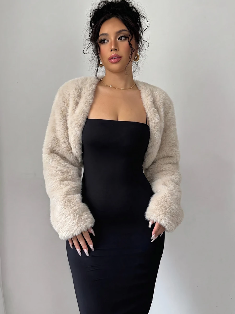 Elenzga Women's Open Front Faux Fur Long Sleeve Short Vest Jacket, Fuzzy Short Outerwear - Beige - View 1