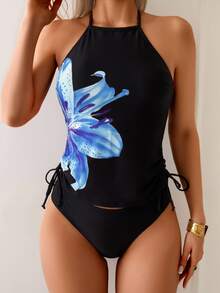 SHEIN Swim Women's Summer Beach Floral Print Halter Neck Tankini Swimwear Set - Multicolor - View 3
