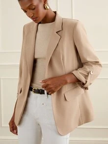 Lilora Women's Solid Color Casual Elegant Commute Travel Long Sleeve Blazer Jacket Office Business Camel Summer - Khaki - View 2
