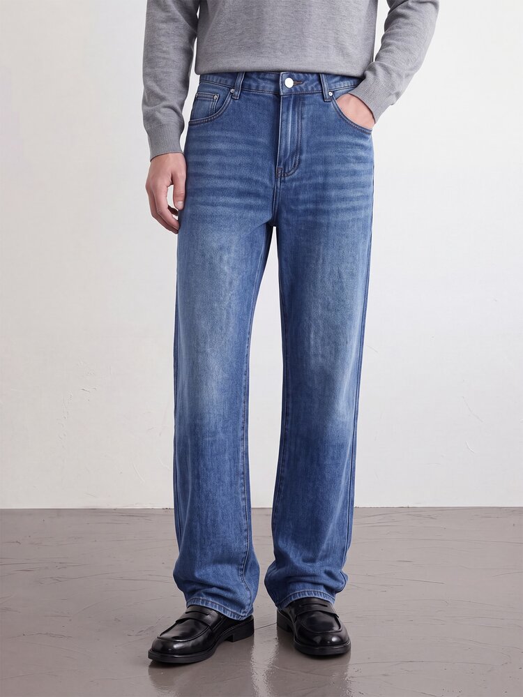 QuarKem Men's Vintage Washed Wide Leg Jeans, Classic Mid-Waist Non-Stretch Denim Pants, Vintage Faded Whiskered Straight Leg Jeans, Casual Streetwear - Blue - View 1