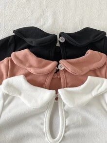 SHEIN 3件組女嬰長袖上衣，甜美優雅，粉色、白色、黑色，波浪領、荷葉邊袖口，圓領，常規版型，派對秋季素色款 - 彩色 - 查看 5