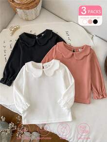 SHEIN 3件組女嬰長袖上衣，甜美優雅，粉色、白色、黑色，波浪領、荷葉邊袖口，圓領，常規版型，派對秋季素色款 - 彩色 - 查看 1