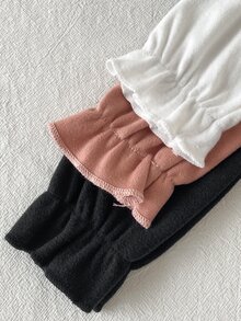 SHEIN 3件組女嬰長袖上衣，甜美優雅，粉色、白色、黑色，波浪領、荷葉邊袖口，圓領，常規版型，派對秋季素色款 - 彩色 - 查看 8