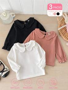 SHEIN 3件組女嬰長袖上衣，甜美優雅，粉色、白色、黑色，波浪領、荷葉邊袖口，圓領，常規版型，派對秋季素色款 - 彩色 - 查看 3