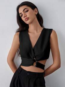 SHEIN LUNE 不对称扭结前裹白色衬衫，扭结金属点缀白色短款女式上衣 - 黑色 - 查看 5