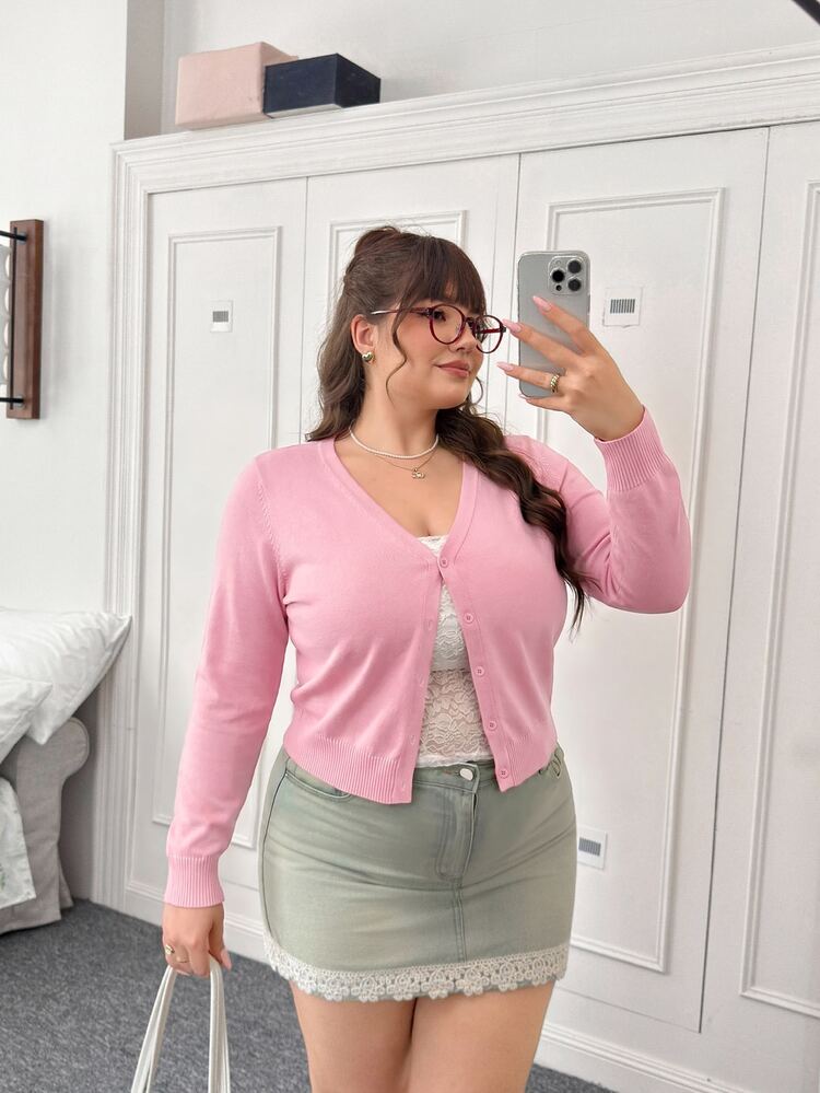 CovetEZ Autumn/Winter Sexy Deep V-Neck Solid Color Button Cardigan Plus Size - Pink - View 4