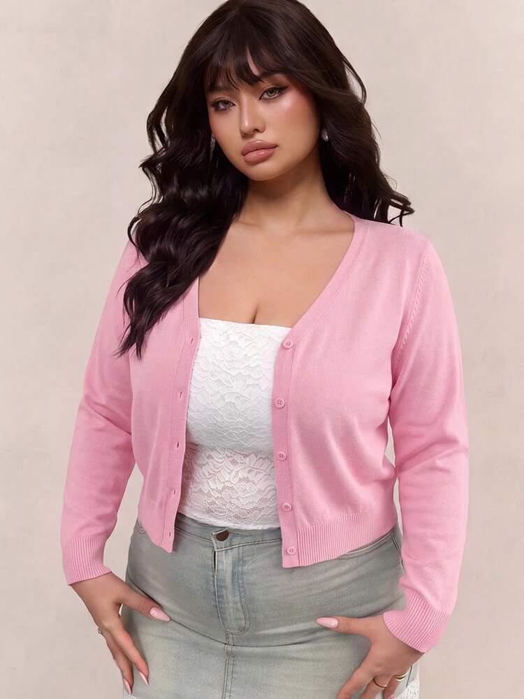 CovetEZ Autumn/Winter Sexy Deep V-Neck Solid Color Button Cardigan Plus Size - Pink - View 1