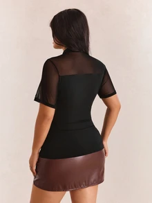 CovetEZ Plus Size Women's Solid Color Sheer Patchwork Round Neck Short Sleeve T-Shirt, Y2K, Mesh, See Through, Summer - Black - View 2