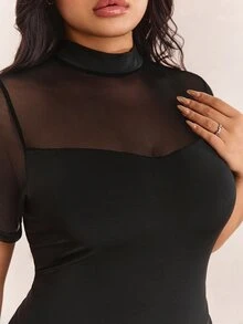 CovetEZ Plus Size Women's Solid Color Sheer Patchwork Round Neck Short Sleeve T-Shirt, Y2K, Mesh, See Through, Summer - Black - View 3
