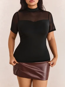 CovetEZ Plus Size Women's Solid Color Sheer Patchwork Round Neck Short Sleeve T-Shirt, Y2K, Mesh, See Through, Summer - Black - View 7