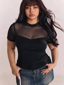 CovetEZ Plus Size Women's Solid Color Sheer Patchwork Round Neck Short Sleeve T-Shirt, Y2K, Mesh, See Through, Summer - Black - View 1