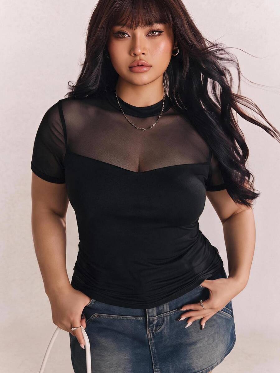 CovetEZ Plus Size Women's Solid Color Sheer Patchwork Round Neck Short Sleeve T-Shirt, Y2K, Mesh, See Through, Summer - Black - View 1