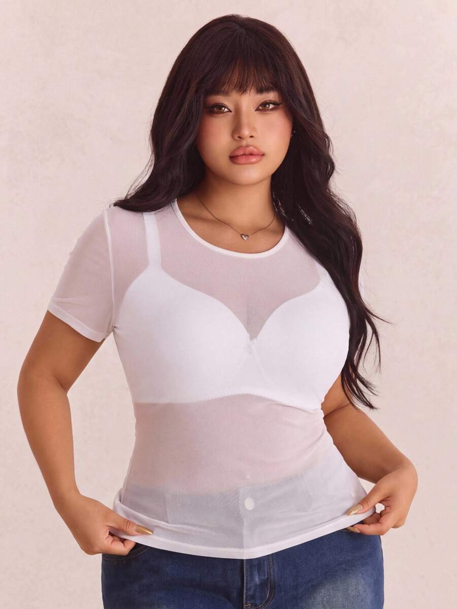 CovetEZ Plus Size White Sheer Mesh Round Neck Short Sleeve Top - White - View 1