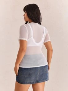 CovetEZ Plus Size White Sheer Mesh Round Neck Short Sleeve Top - White - View 2