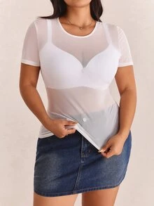 CovetEZ Plus Size White Sheer Mesh Round Neck Short Sleeve Top - White - View 7