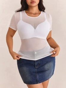 CovetEZ Plus Size White Sheer Mesh Round Neck Short Sleeve Top - White - View 6