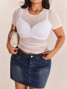 CovetEZ Plus Size White Sheer Mesh Round Neck Short Sleeve Top - White - View 5