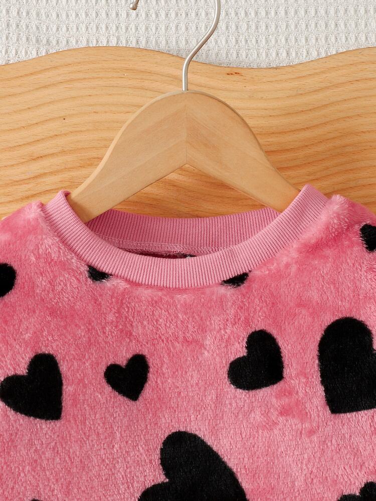 SHEIN Young Girl Young Girls Young Girl Autumn/Winter Cute Pattern Fluffy Top & Elastic Waist Long Pants Set, Fluffy Loungewear Set, Top & Pants 2 Pieces Set - Pink - View 7