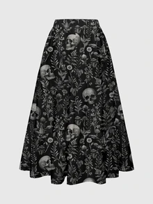 ROMWE Gothic Floral Elegant Vacation Dark Gothic Umbrella Skirt Plus Size - Black - View 2