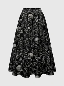 ROMWE Gothic Floral Elegant Vacation Dark Gothic Umbrella Skirt Plus Size - Black - View 1