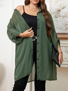 Reflora Plus Size Women's Olive Green Polka Dot Long Sleeve Chiffon Shirt,Summer Smart Casual Work Everyday Flowing Outer Tower Blouse,Old Money Style,Fall - Multicolor - View 7