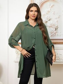 Reflora Plus Size Women's Olive Green Polka Dot Long Sleeve Chiffon Shirt,Summer Smart Casual Work Everyday Flowing Outer Tower Blouse,Old Money Style,Fall - Multicolor - View 5