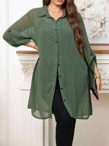 Reflora Plus Size Women's Olive Green Polka Dot Long Sleeve Chiffon Shirt,Summer Smart Casual Work Everyday Flowing Outer Tower Blouse,Old Money Style,Fall - Multicolor - View 9