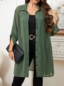 Reflora Plus Size Women's Olive Green Polka Dot Long Sleeve Chiffon Shirt,Summer Smart Casual Work Everyday Flowing Outer Tower Blouse,Old Money Style,Fall - Multicolor - View 4