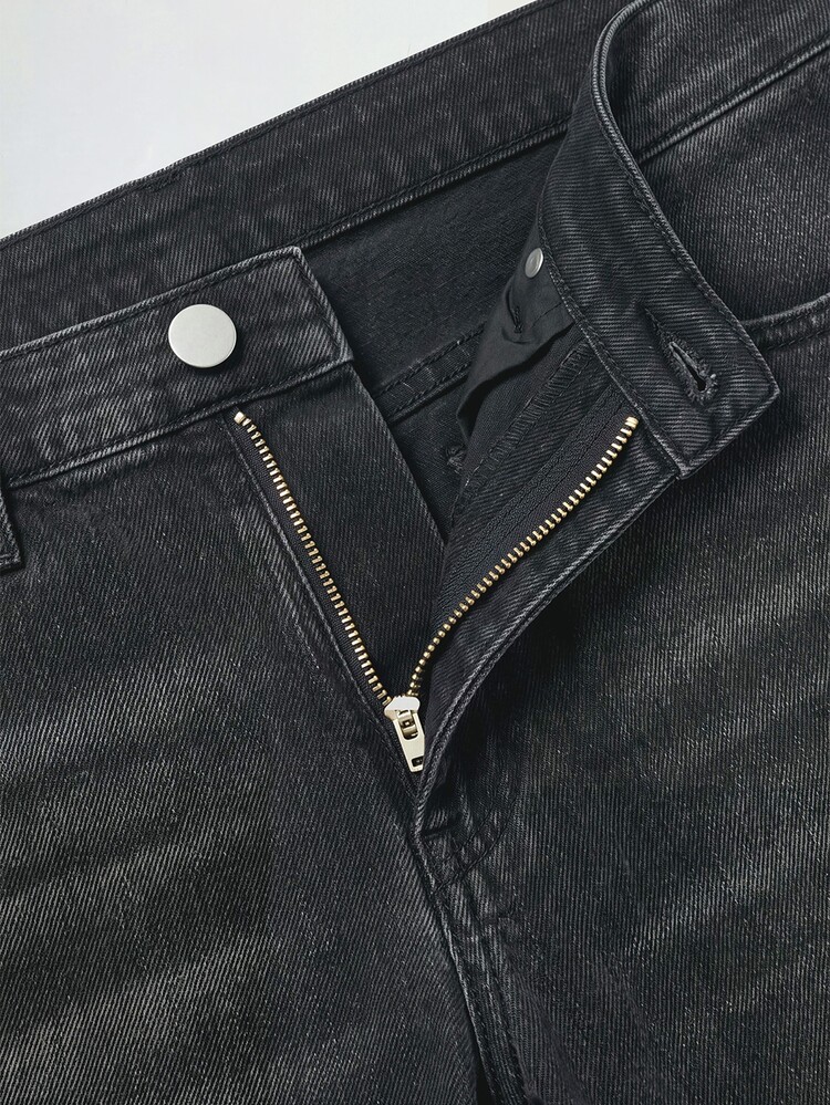 QuarKem Manfinity Men's Vintage Distressed Black Wide Leg Jeans, Mid-Waist Loose Relaxed Denim Pants, Horizontal Whiskers Retro Street Style - Black - View 6