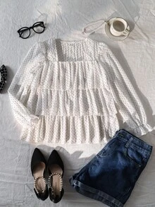 Girls' Casual Cute White And Black Polka Dot Shirt, Soft And Fashionable Design, Suitable For Fall Vacation, Travel, School And Daily Wear - White - View 7