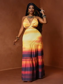 Veslaya Women's Purple Summer Boho Vacation Holiday Sunset Gradient Print Spaghetti Strap Backless Layered Ruffle Hem Plus Size Maxi Dress,Beach Party - Multicolor - View 4