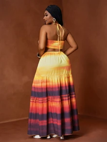 Veslaya Women's Purple Summer Boho Vacation Holiday Sunset Gradient Print Spaghetti Strap Backless Layered Ruffle Hem Plus Size Maxi Dress,Beach Party - Multicolor - View 2