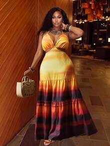 Veslaya Women's Purple Summer Boho Vacation Holiday Sunset Gradient Print Spaghetti Strap Backless Layered Ruffle Hem Plus Size Maxi Dress,Beach Party - Multicolor - View 1