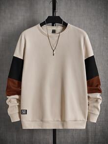 Mainfolk Men Black Color Block Sweatshirt Long Sleeve Crew Neck Patchwork Casual Pullover Streetwear Autumn Spring Style Top Halloween Winter Party Autumn - Multicolor - View 1