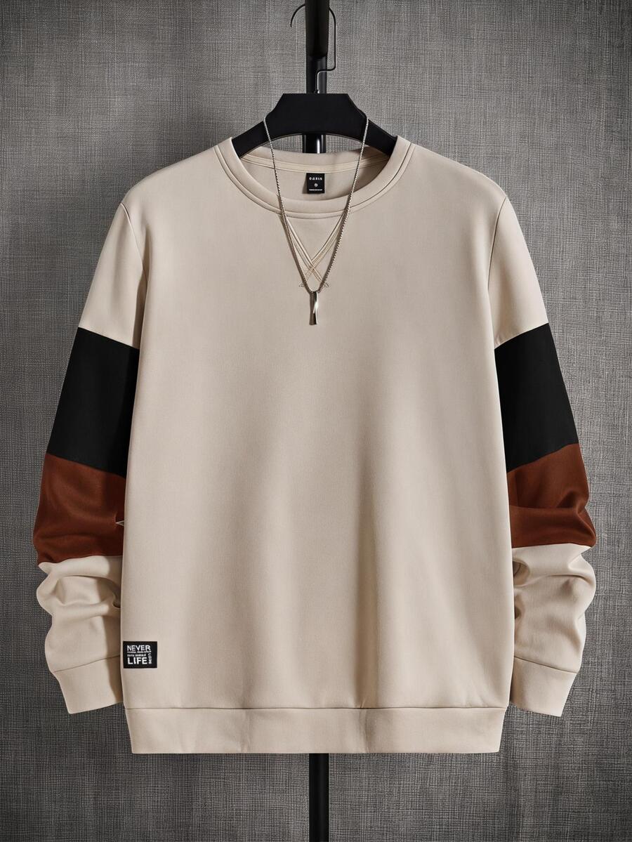 Mainfolk Men Black Color Block Sweatshirt Long Sleeve Crew Neck Patchwork Casual Pullover Streetwear Autumn Spring Style Top Halloween Winter Party Autumn - Multicolor - View 1