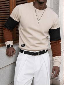 Mainfolk Men Black Color Block Sweatshirt Long Sleeve Crew Neck Patchwork Casual Pullover Streetwear Autumn Spring Style Top Halloween Winter Party Autumn - Multicolor - View 4