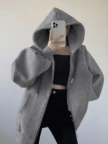 INAWLY Jaket Hoodie Longgar Kasual dengan Resleting untuk Wanita, Jaket Biasa untuk Musim Gugur dan Musim Dingin, Pakaian untuk Wanita - Dark Grey - View 3